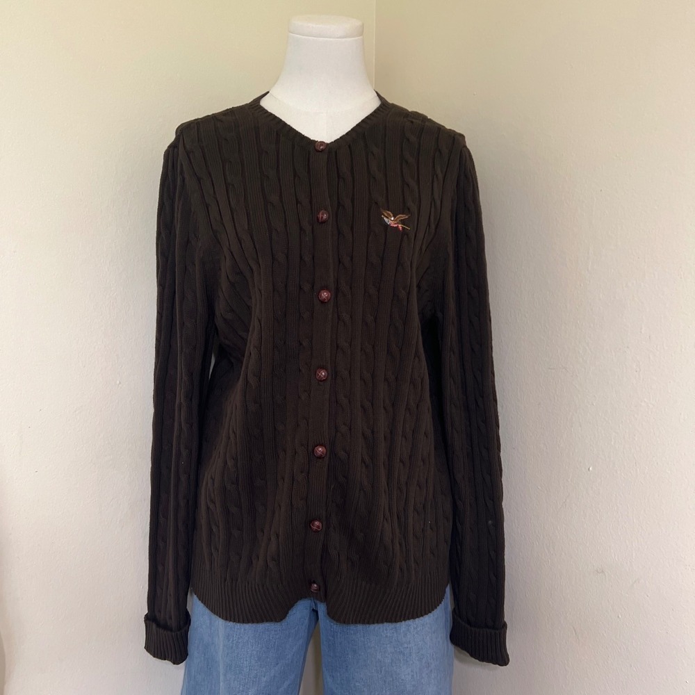 American Living Womens Brown Cable Knit 100% Cotton Cardigan Sweater Eagle L